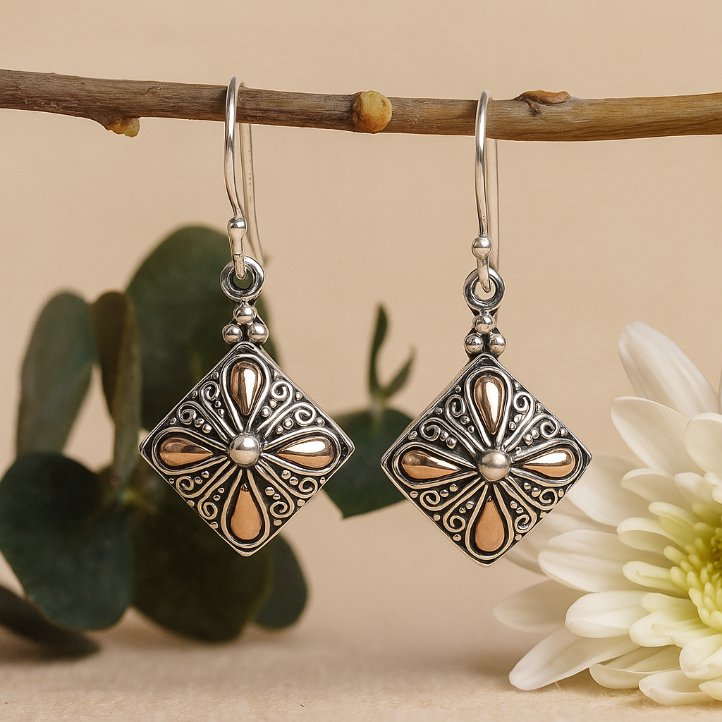 Silber & Gold Ohrringe - Quadratischer Tropfen