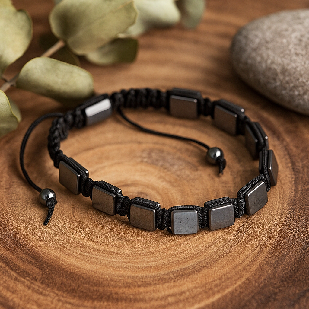 Magnetiskt hematitarmband med platta kubpärlor