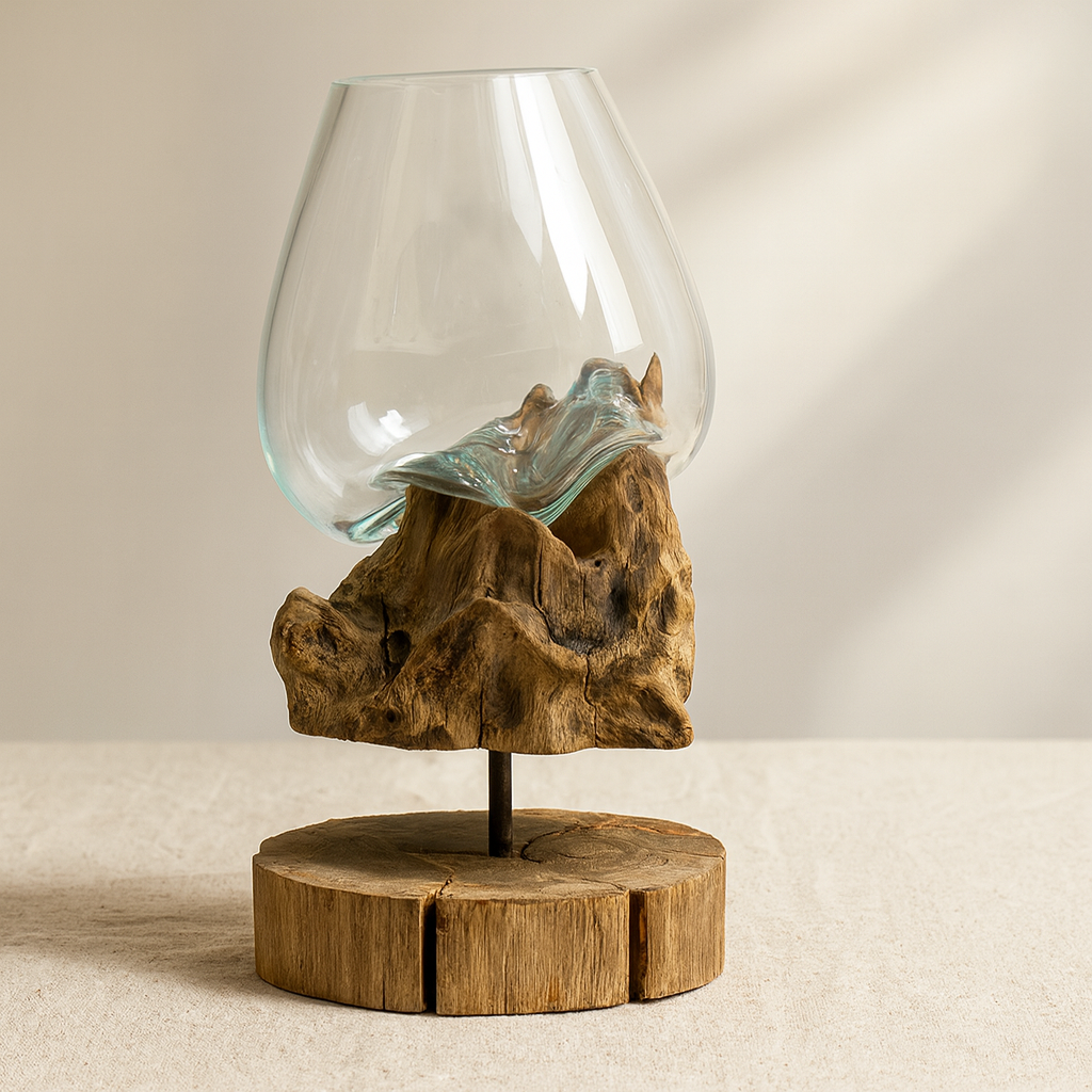 Bol mare din sticlă topită pe suport de lemn