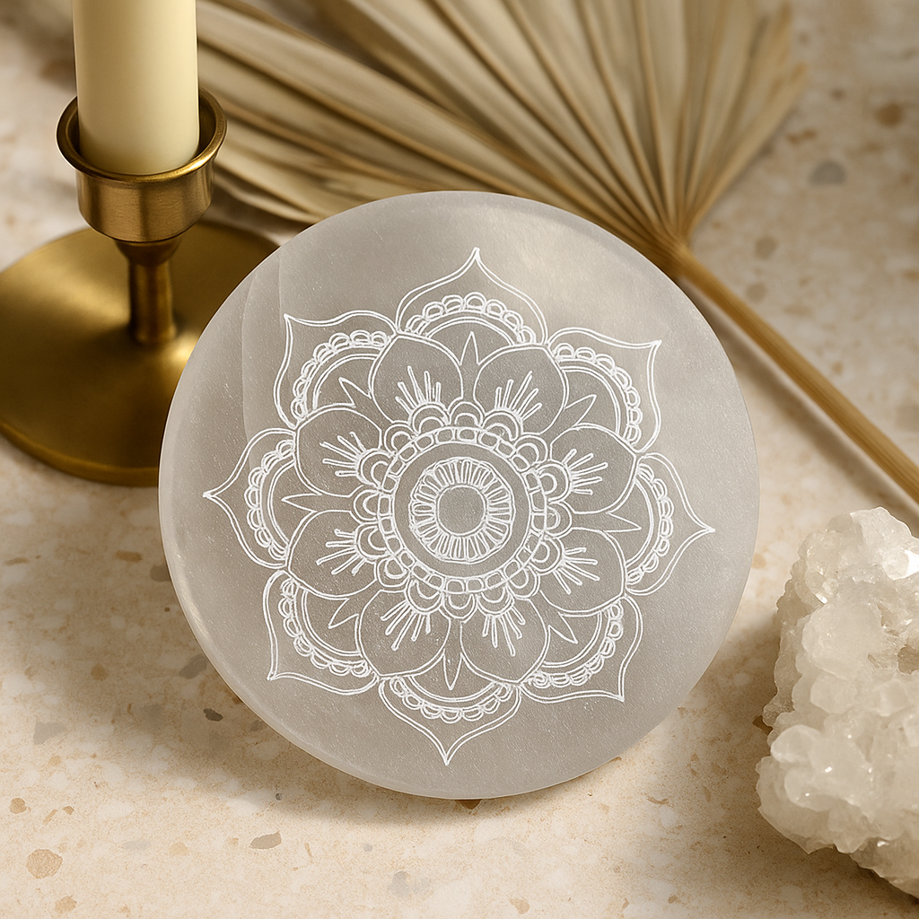 Mandala Ladeplatte Selenit 8cm