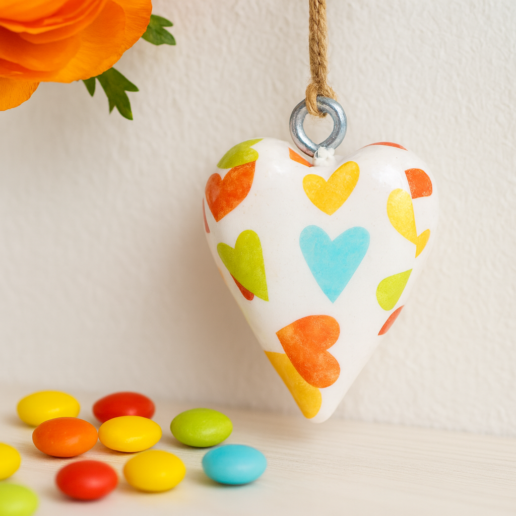 Decorazione da appendere a forma di cuore in legno multicolore pastello