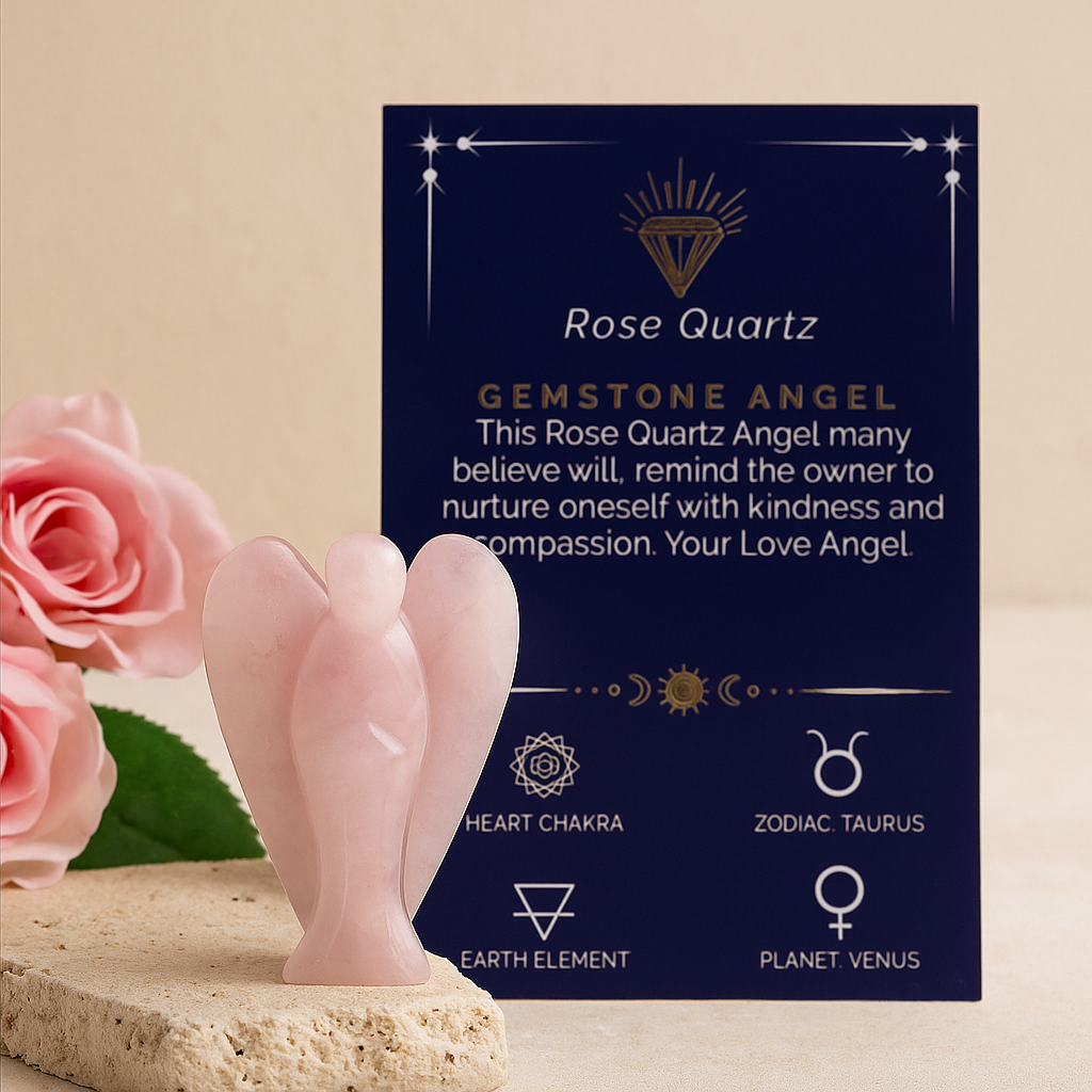 Rose Quartz Crystal Angel Figurine, 50mm