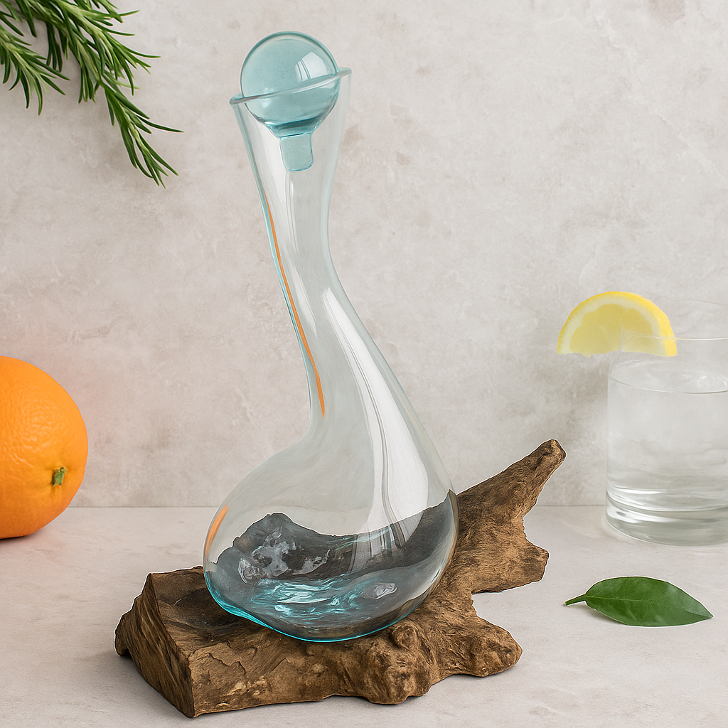 Decantor de vin din sticlă topită pe lemn 1L