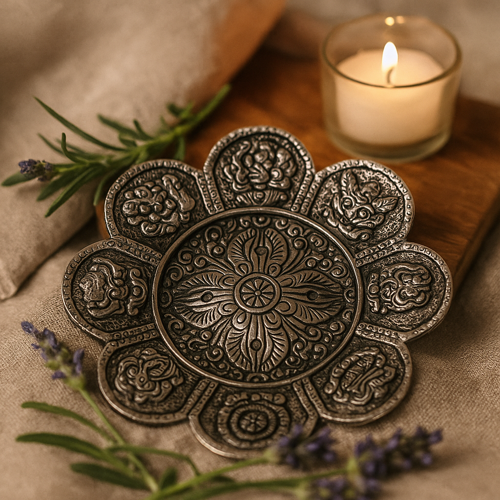 Räucherstäbchenhalter aus poliertem Aluminium mit tibetischen Symbolen, 12 cm