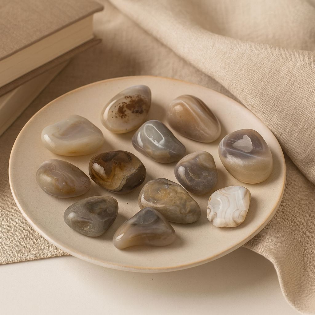 Pedras Roladas de Ágata Cinzenta Média Botswana 12 Peças