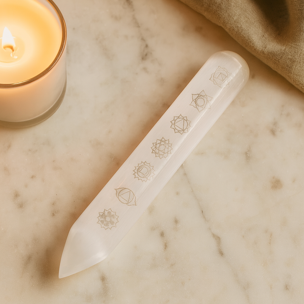 Selenite Wand 7 Chakra Pointed End 16 cm