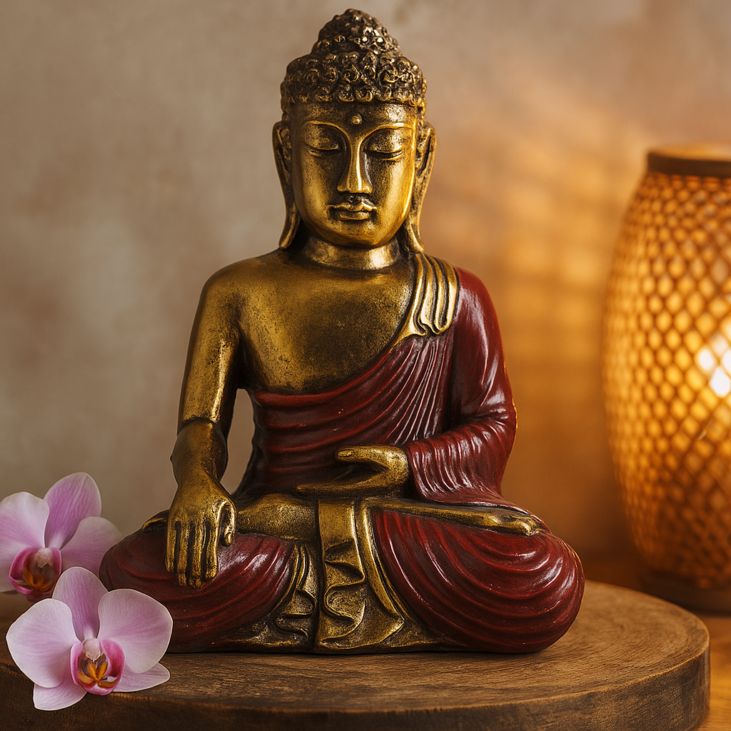 Statue de Bouddha Grande en Résine Rouge et Or