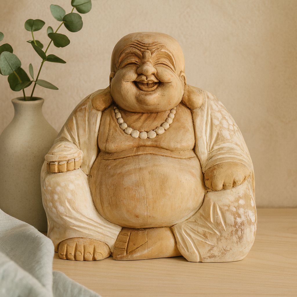 Statua di Buddha Felice intagliata a mano in legno sbiancato 30cm