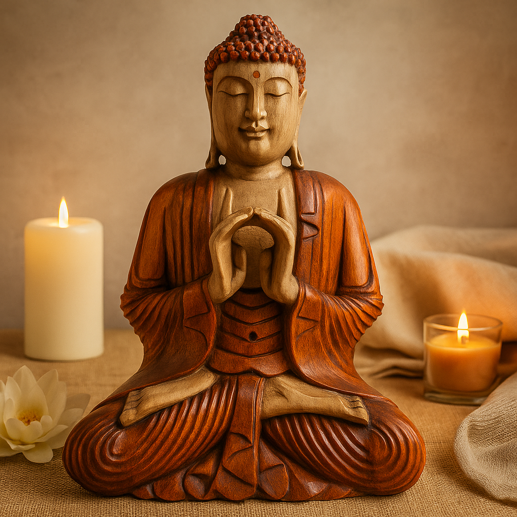 Buddha Statue Hand Carved Wood 60cm Two Hands