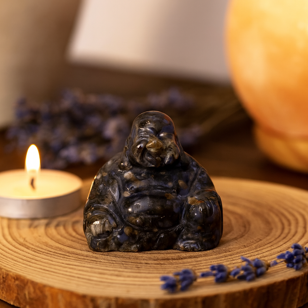 Soška Buddhy Que Sera Stone malá 35x40x23mm