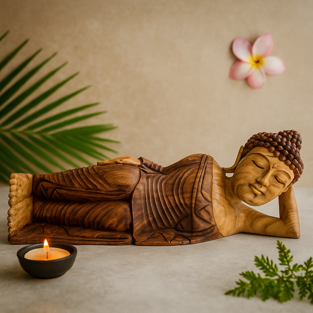 Estátua de Buda Adormecido em Madeira Suar - 50 cm