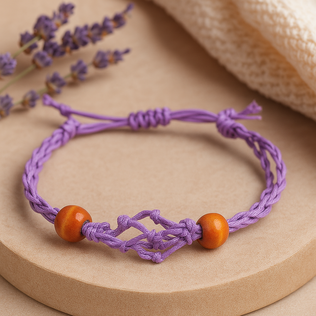 Náramek z drahokamů, fialový, nastavitelný, dřevěné korálky