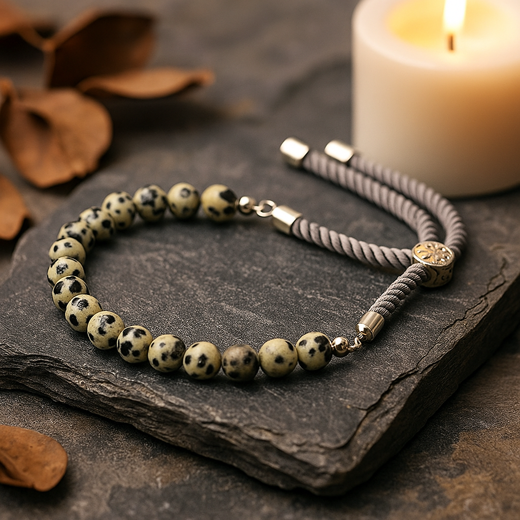 Dalmatian Jasper Charcoal String Bracelet - 925 Silver Plated