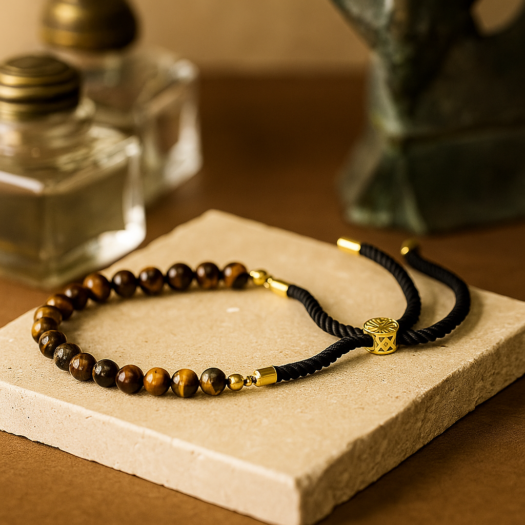 Tiger Eye Bracelet Adjustable Black Cord 18K Gold-Plated