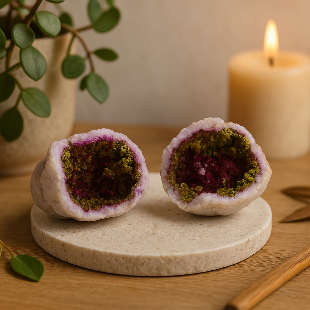 Calcietgeode roze en goud beschilderde kristallen