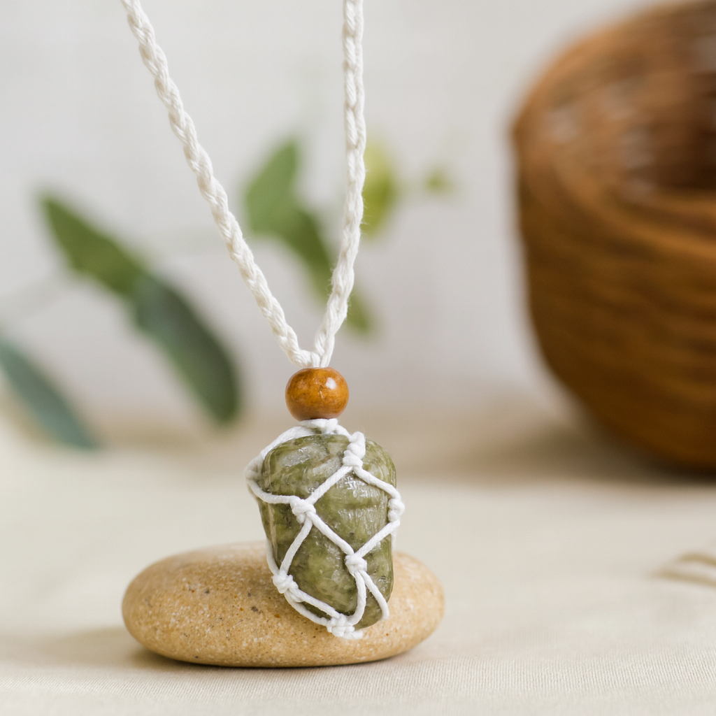 Náhrdelník s drahokamem, bílý nastavitelný makramé šňůra