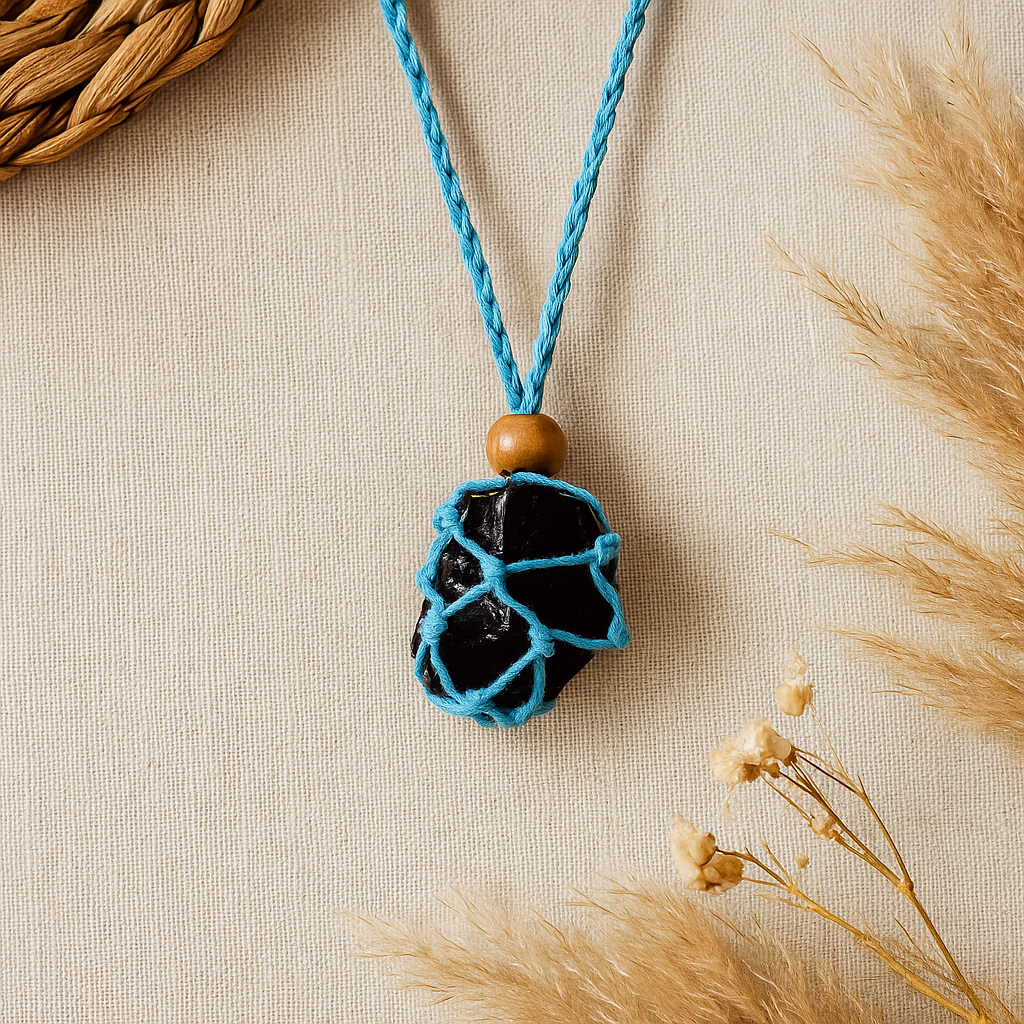 Връв за колие с камък, регулируема синя макраме