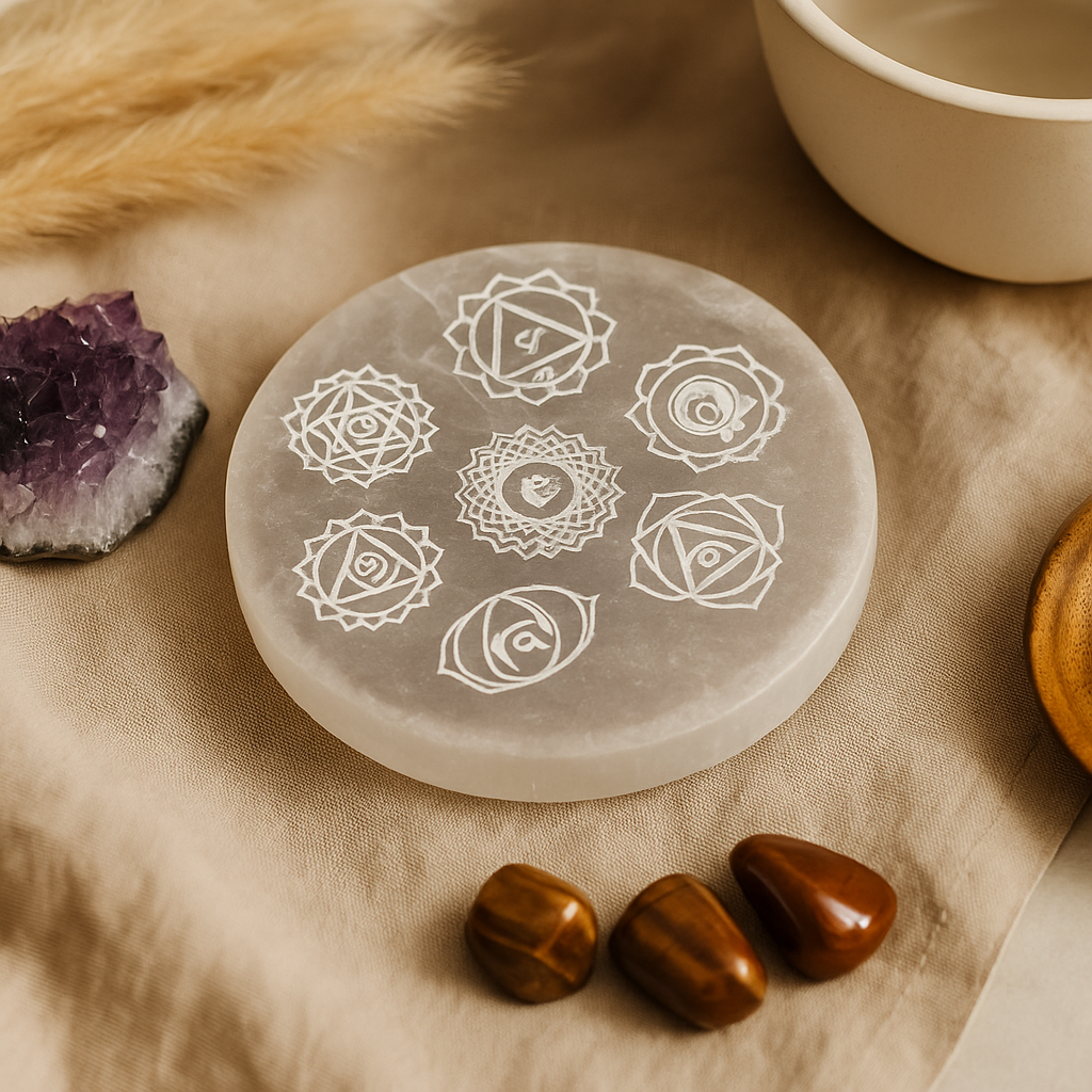 Selenitt ladeplate chakra 8cm