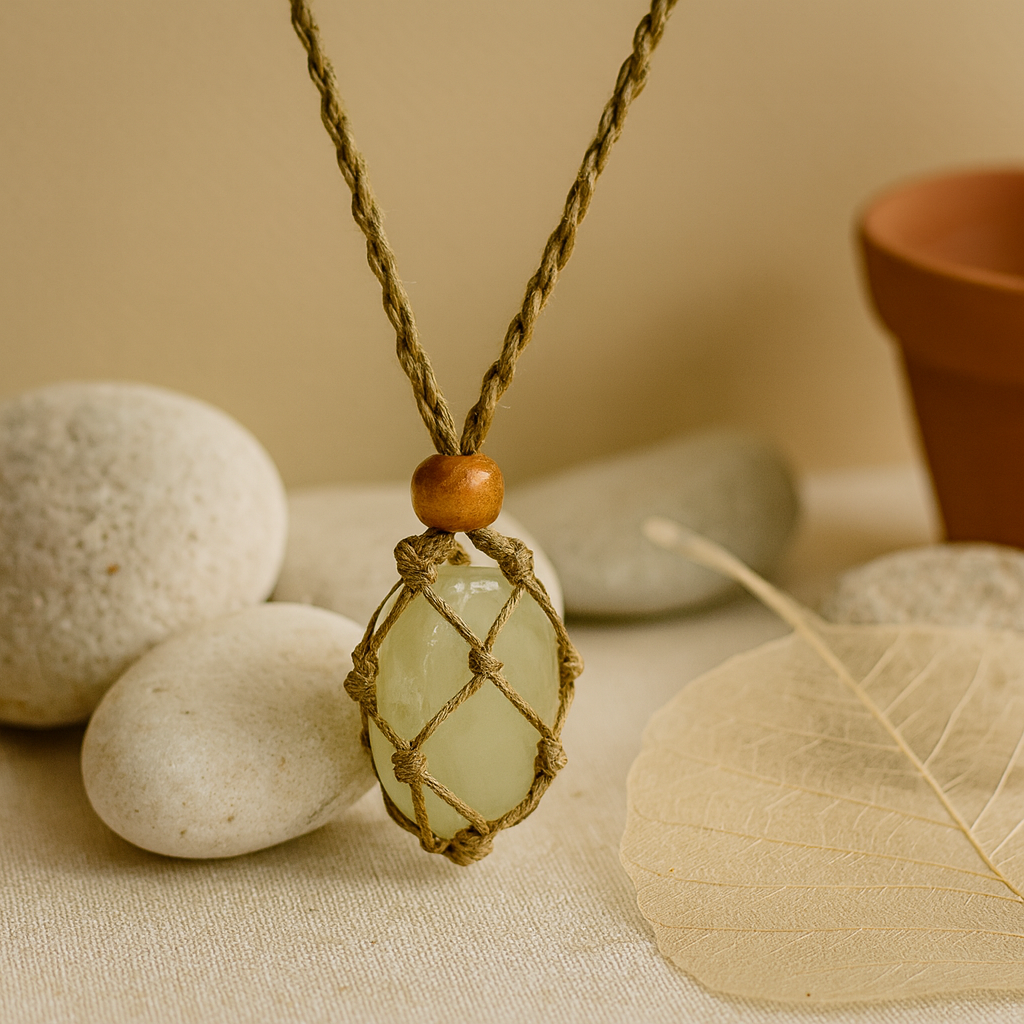 Náhrdelník z drahokamu s nastavitelným šňůrkovým makramé - písek