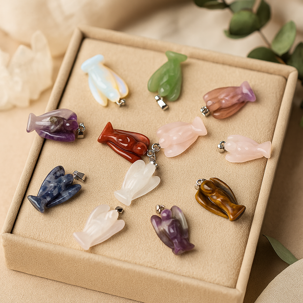 Drágakő angyal medálok válogatott készlet 12 db 26x18mm