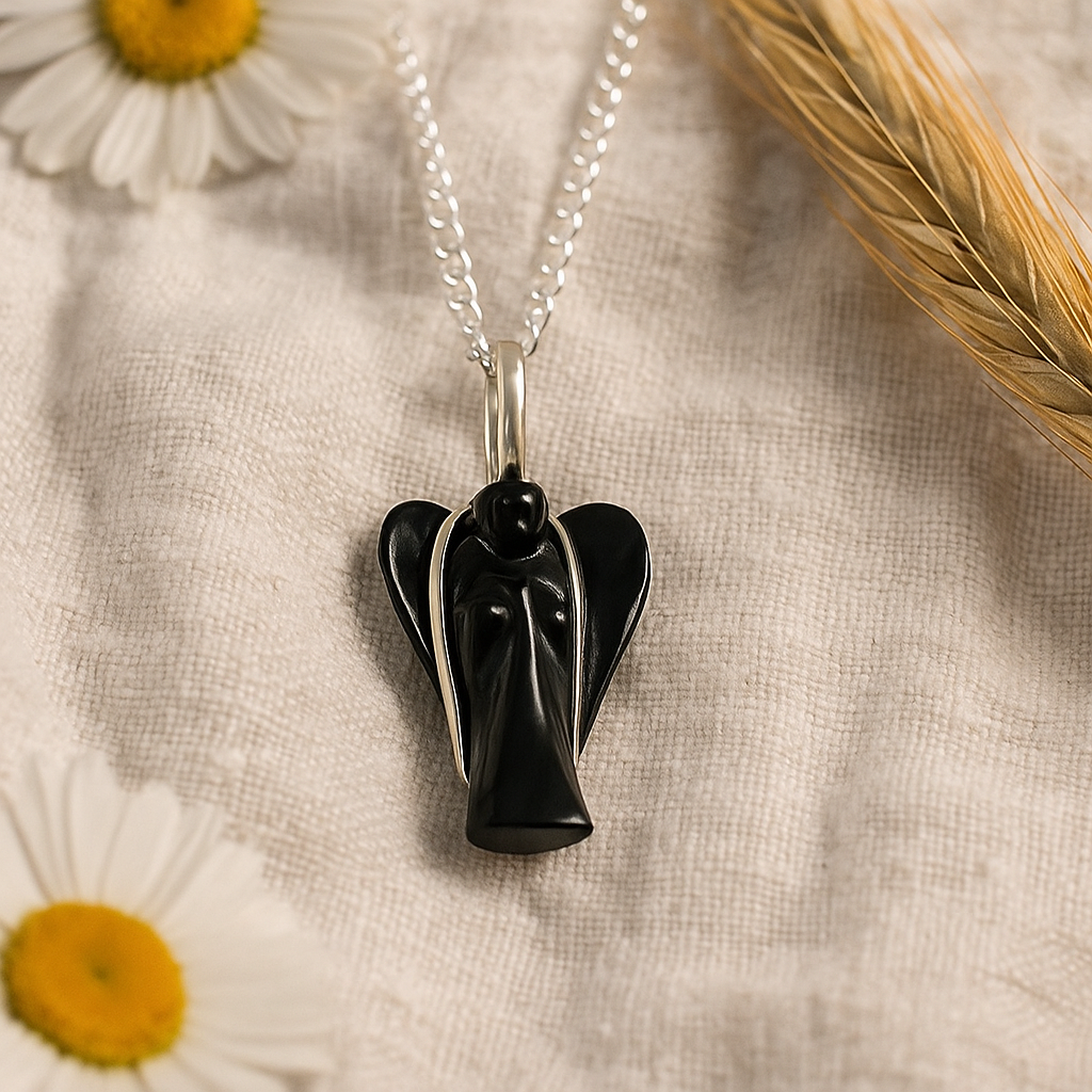 Black Agate Guardian Angel Pendant