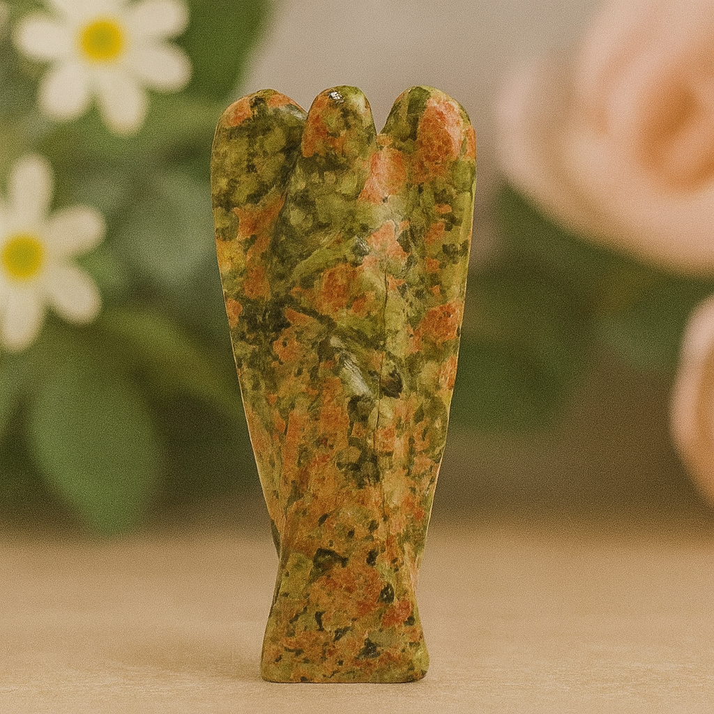 Figurine d'Ange en Unakite Sculptée à la Main en Pierre Précieuse