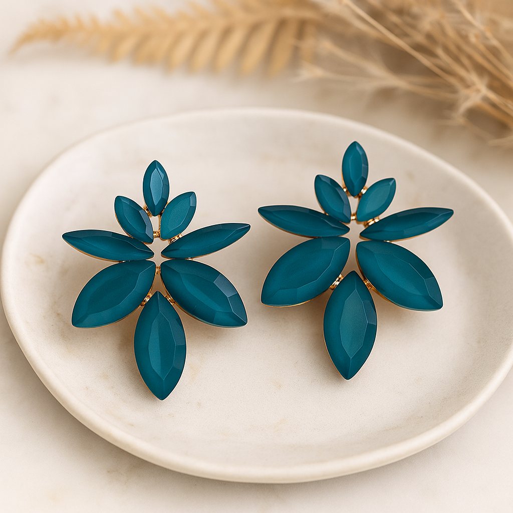 Teal Green Glass Floral Stud Earrings Gold-Tone