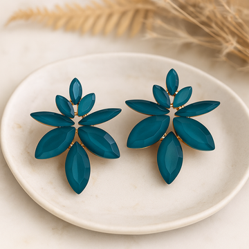Teal Green Glass Floral Stud Earrings Gold-Tone