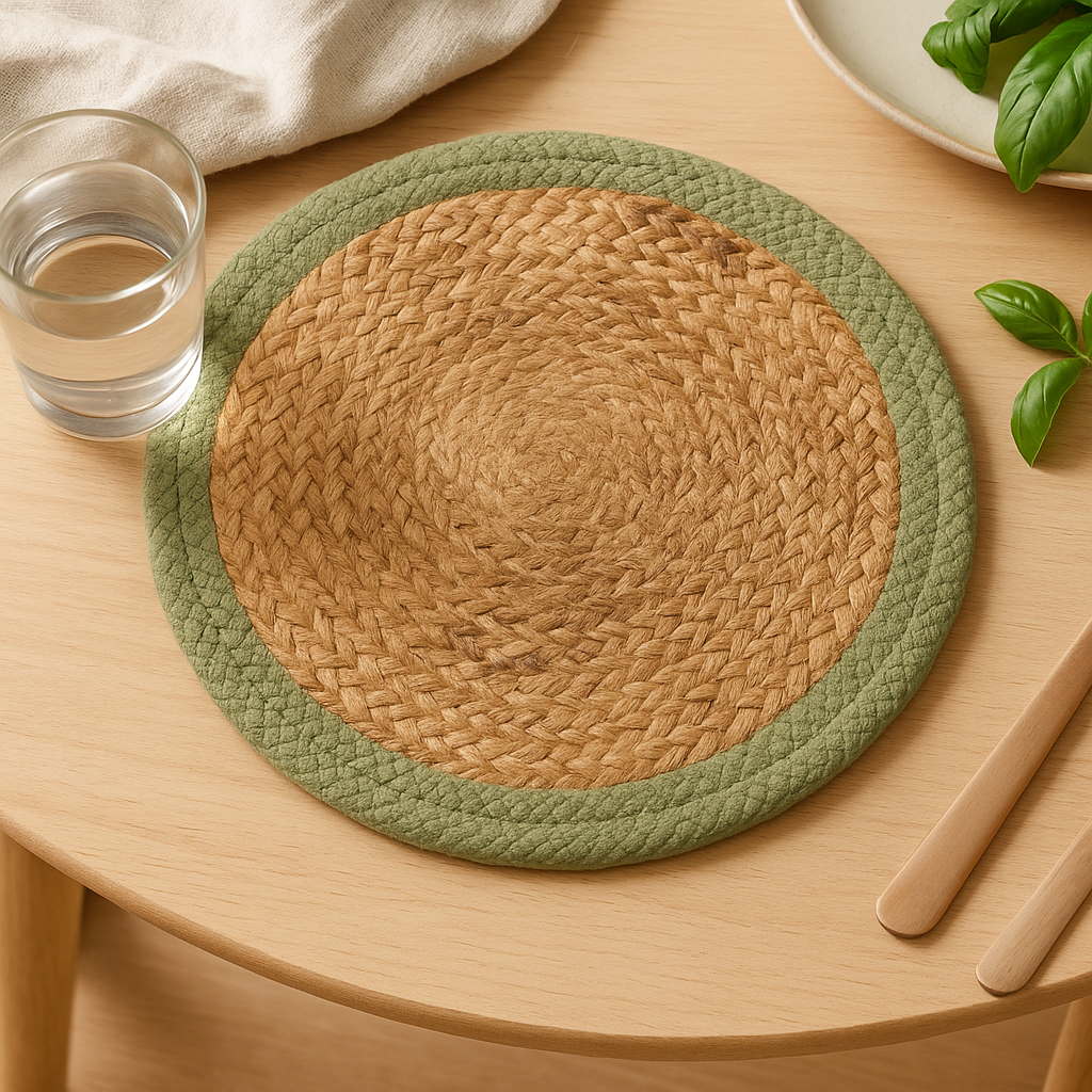 Natürliches Tischset – Jute und Baumwolle, 30 cm, olivgrüner Rand