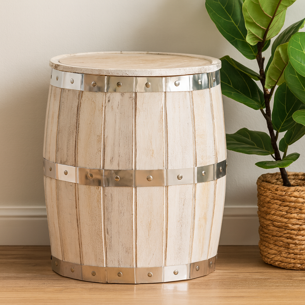 Sgabello a botte per birra con contenitore sbiancato