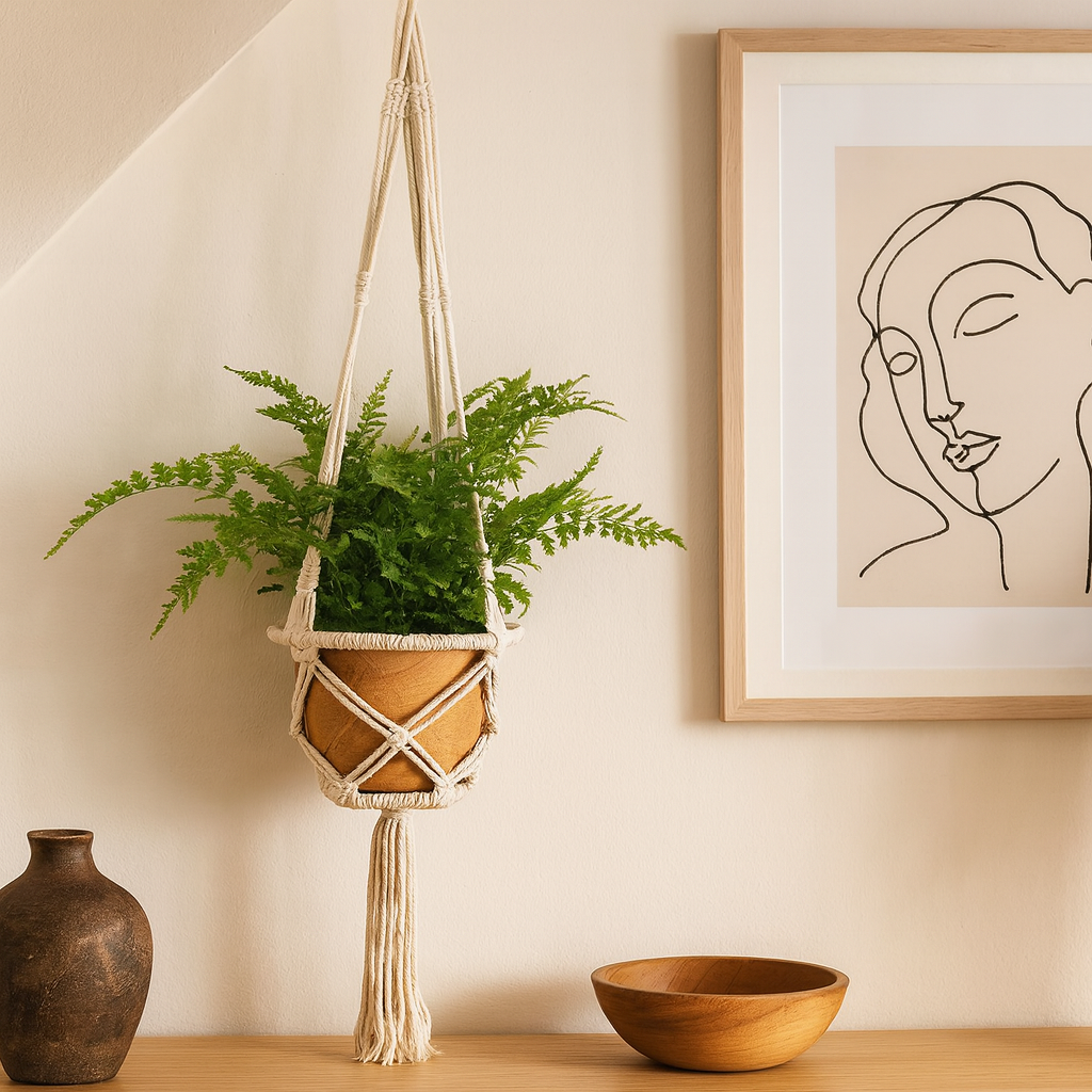 Macramé Växtkrukshållare Beige 16cm Ring