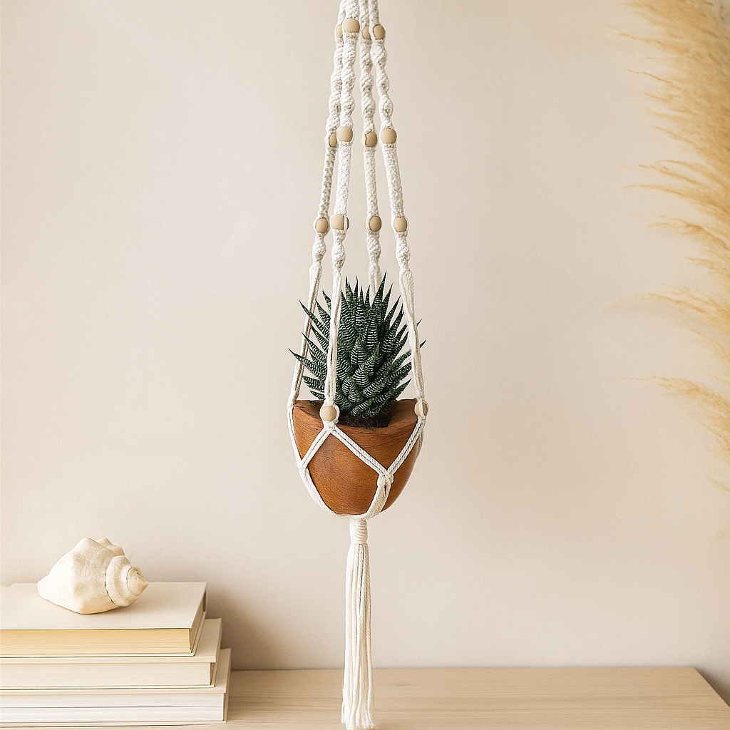 Suporte para Vaso de Planta em Macramé com Contas Natural 1 Metro