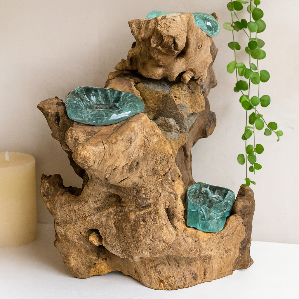 Candle Holder 3-Candle Molten Recycled Glass On Wood