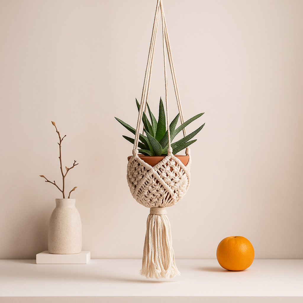 Makramé Växtkrukshållare - Beige