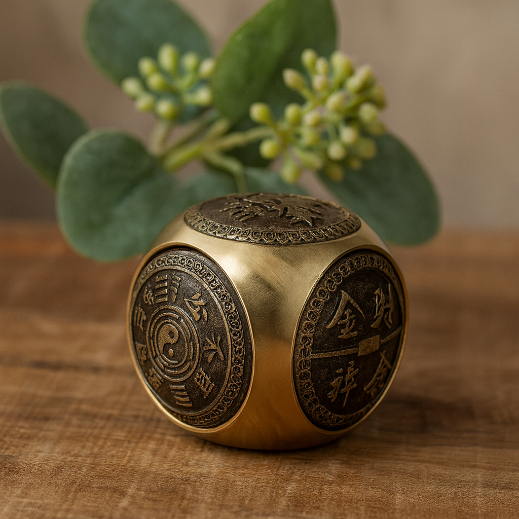 Antique Brass Feng Shui Wealth Dice, Large Rounded