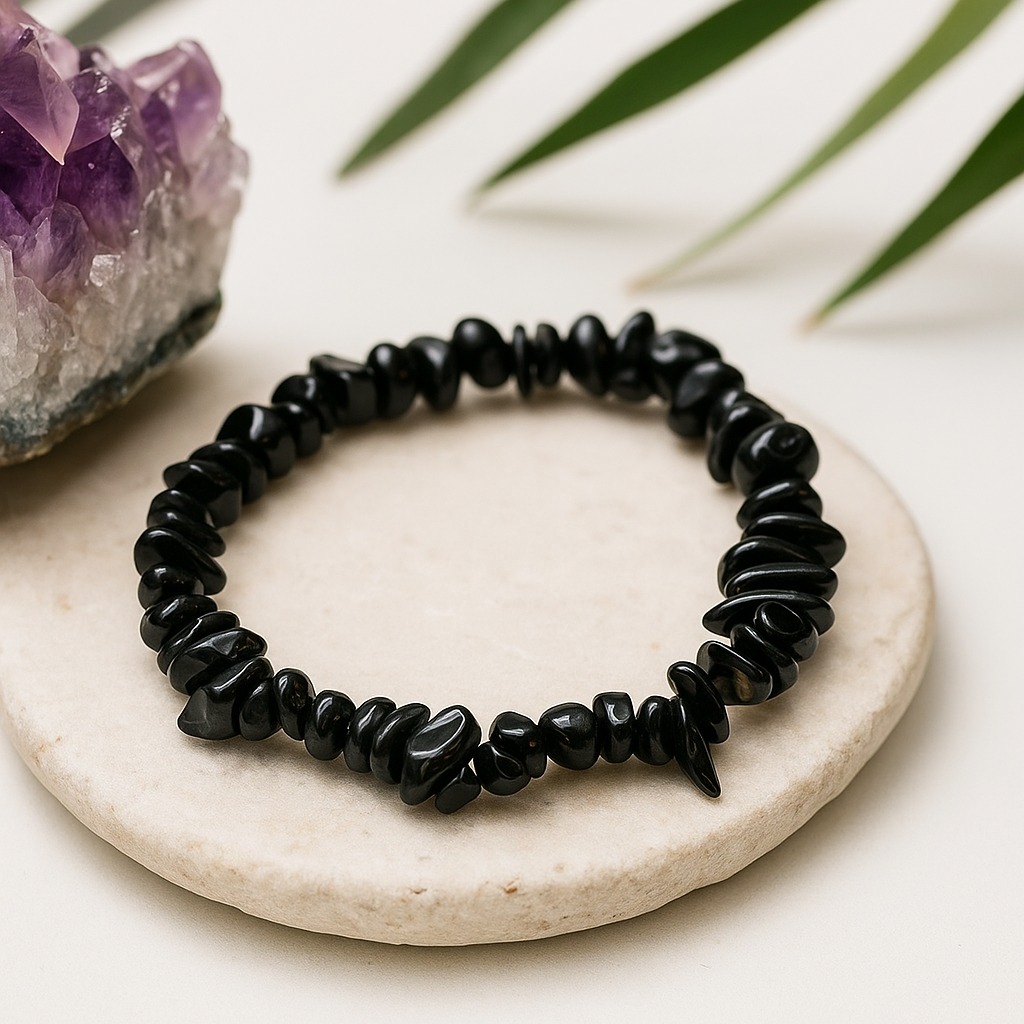 Black Agate Bracelet Stretch Chip Stone