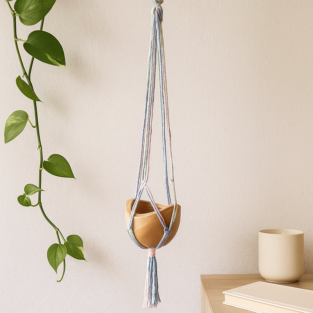 Suport pentru plante macrame tonuri pastel ghiveci mediu