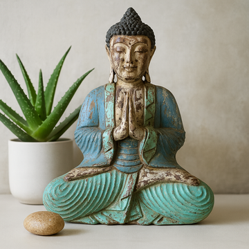 Buddha Statue Hand Carved Wood Blue-Mint 40cm Welcome