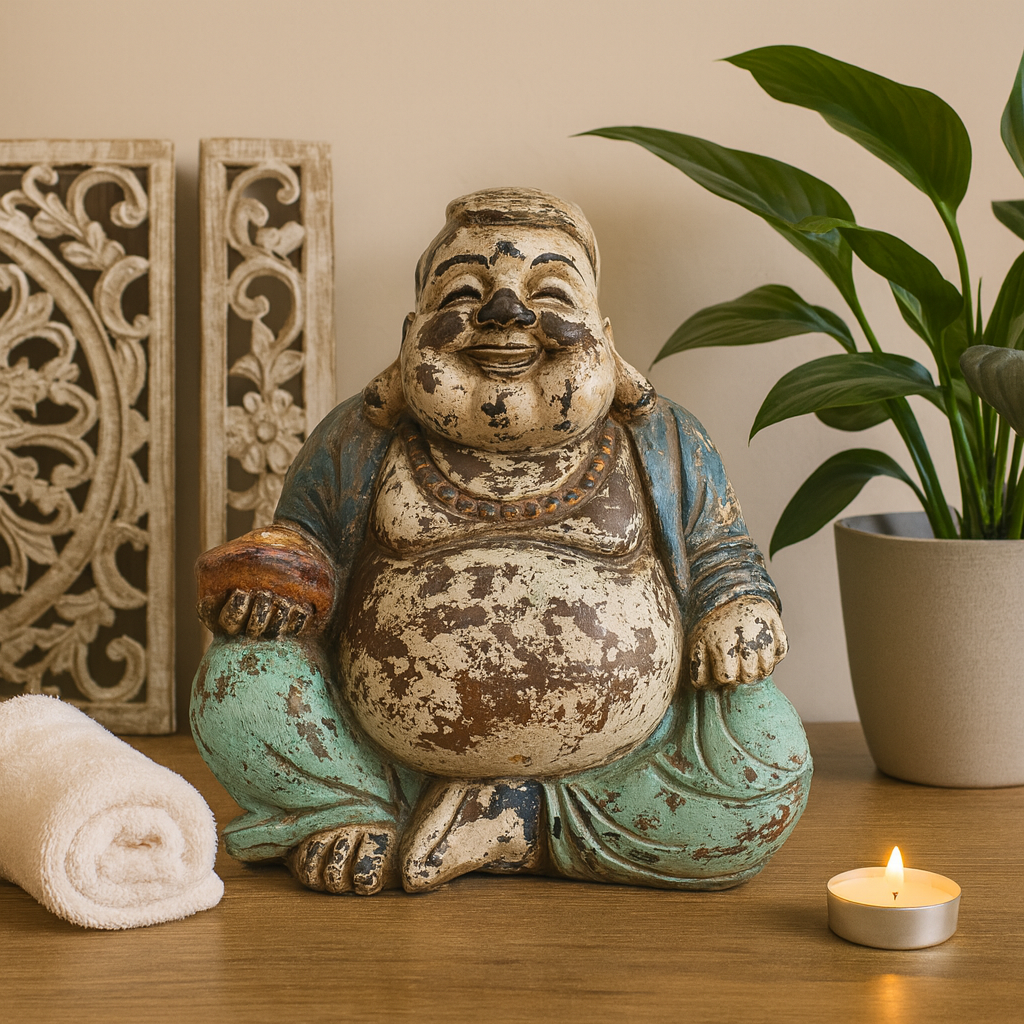 Buddha Statue Happy Buddha Wooden 30cm Blue Mint