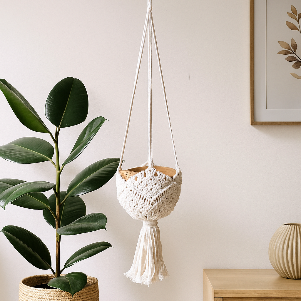 Makramé krukhållare - Naturlig