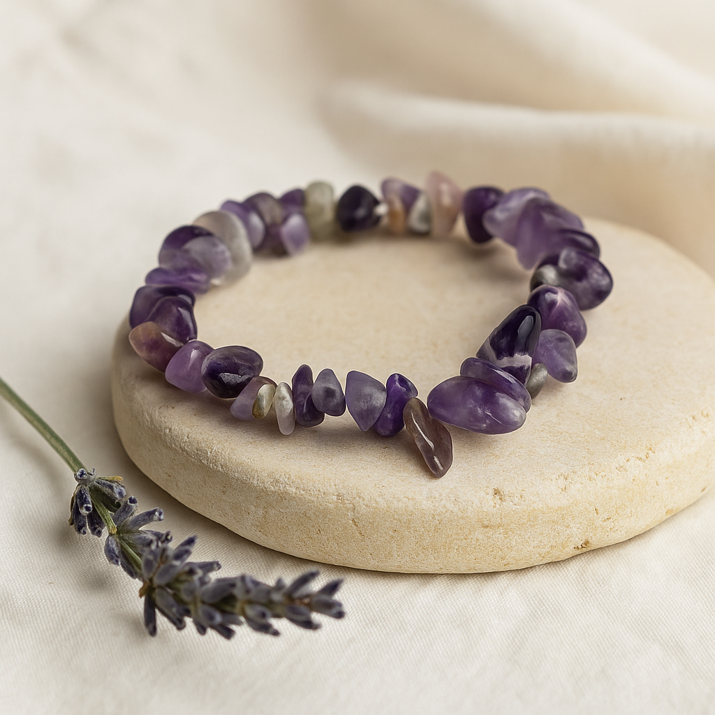 Pulsera elástica de amatista con cristales en forma de chip