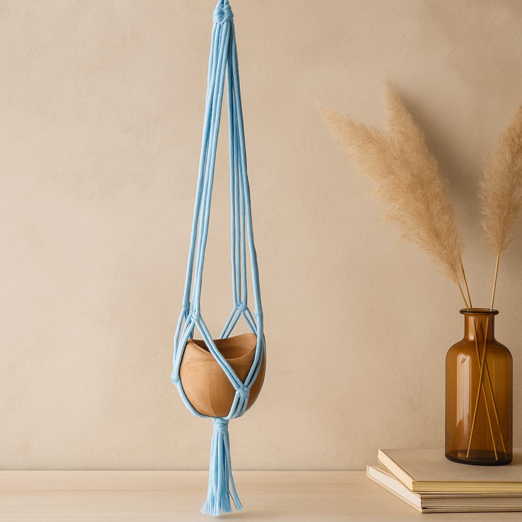 Suporte para Planta em Macramé Azul Pó Médio