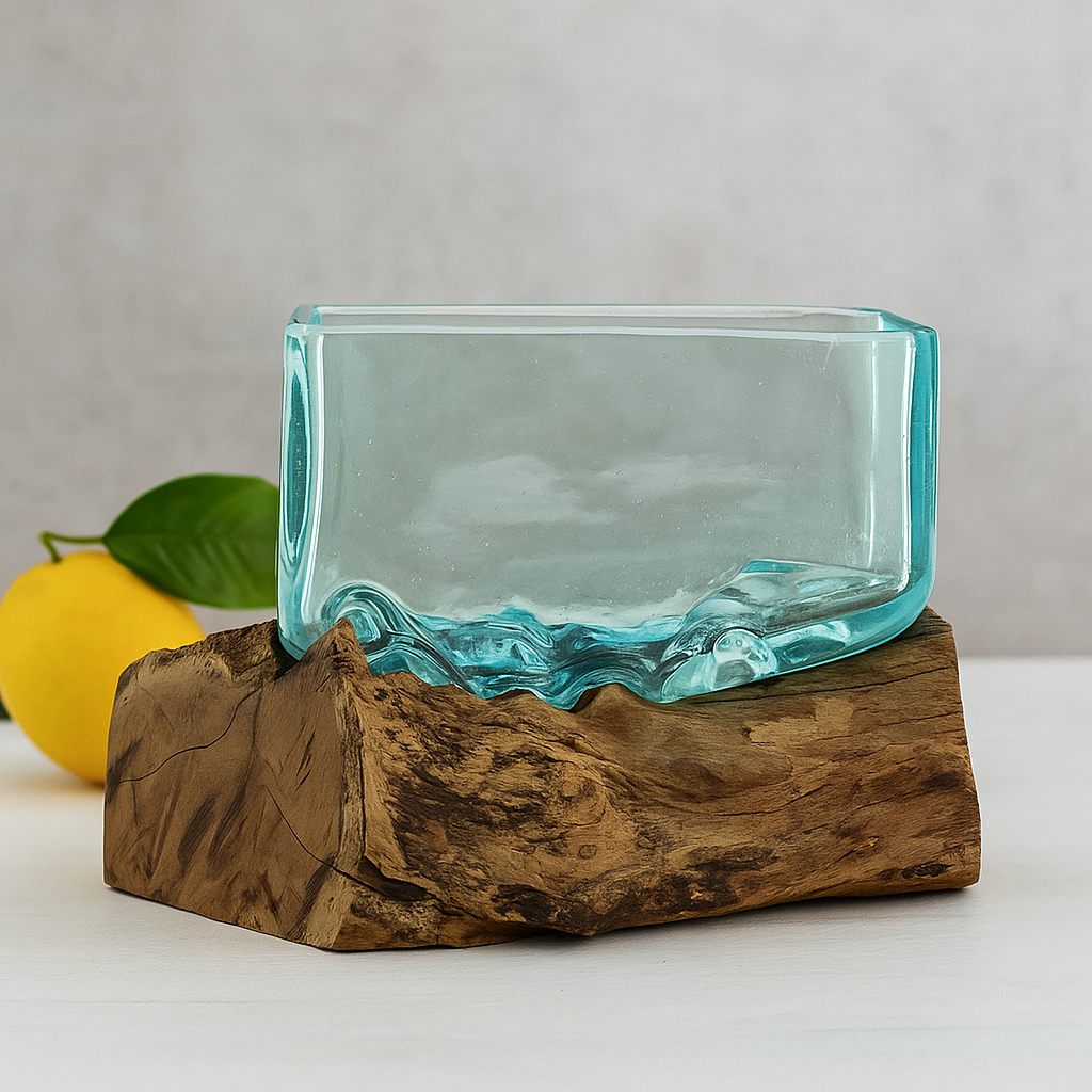 Gesmolten glazen kom op houten standaard, middelgroot