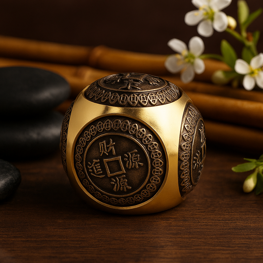 Rounded Brushed Brass Feng Shui Prosperity Coin Dice