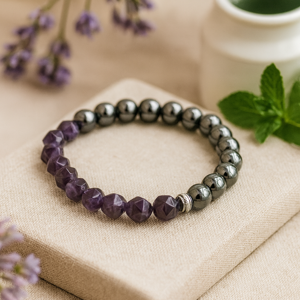Pulsera de amatista con piedras preciosas magnéticas facetadas