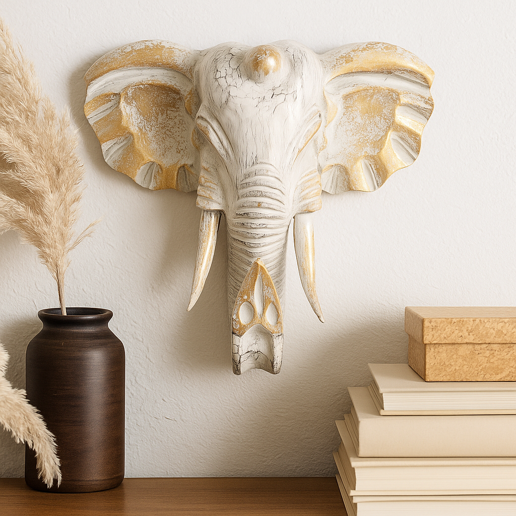 Testa di Elefante - Grande Legno Dorato Sbiancato