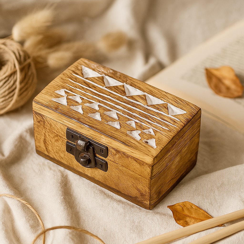 Дървена кутия за хапчета избелена с ацтекски дизайн