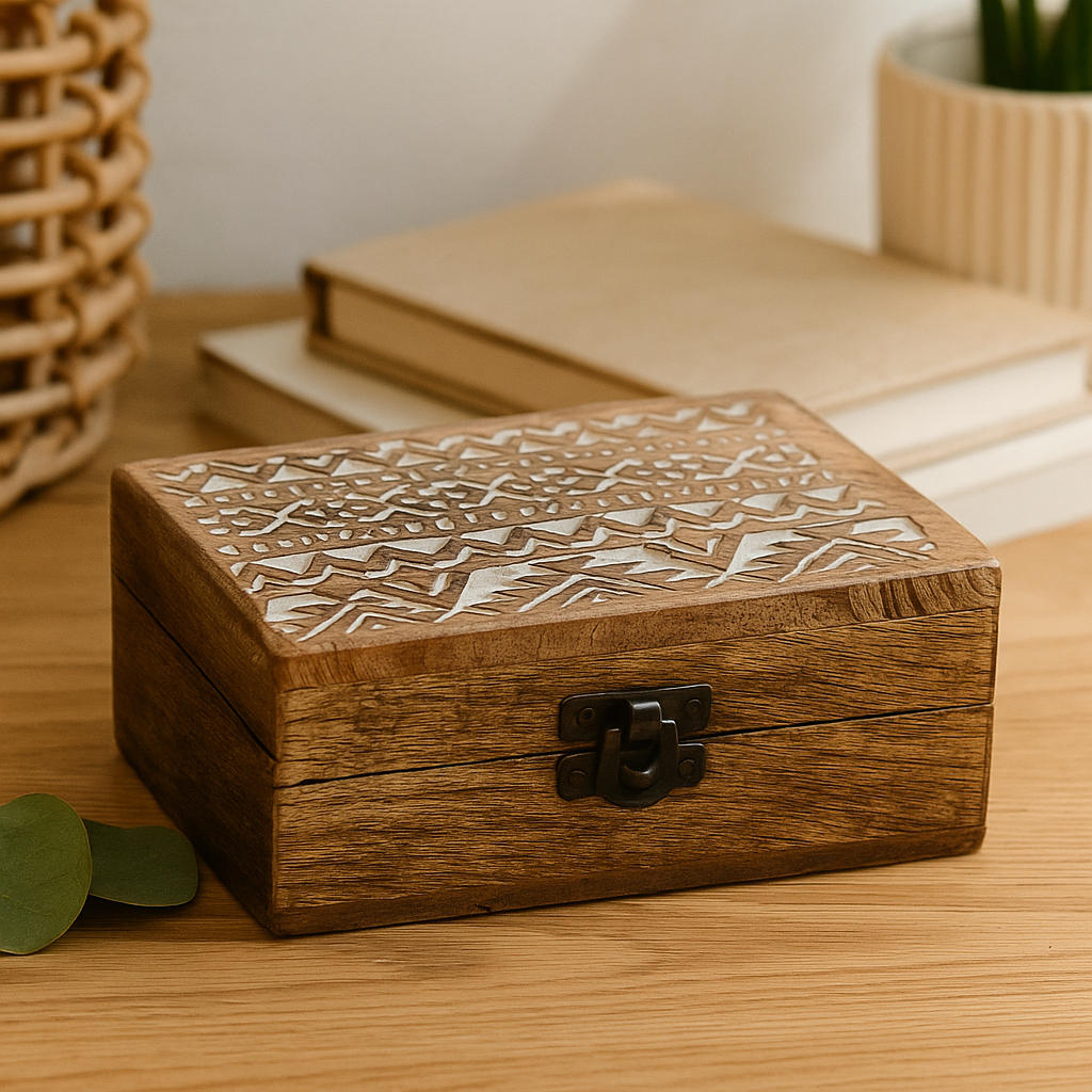 Wooden Box Whitewashed Slavic Design 15x10x6 cm