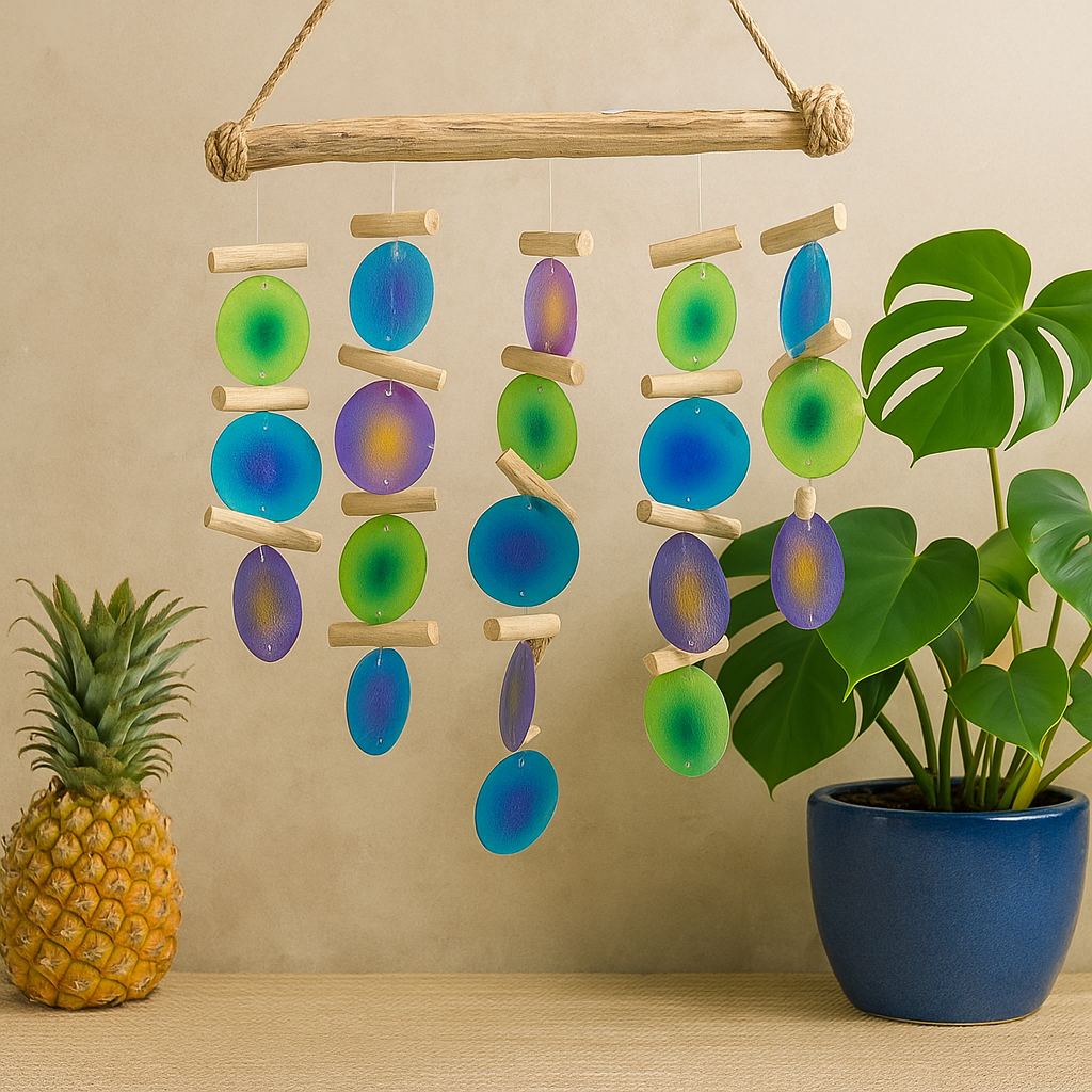 Sinos de Vento Verde e Roxo em Madeira Flutuante