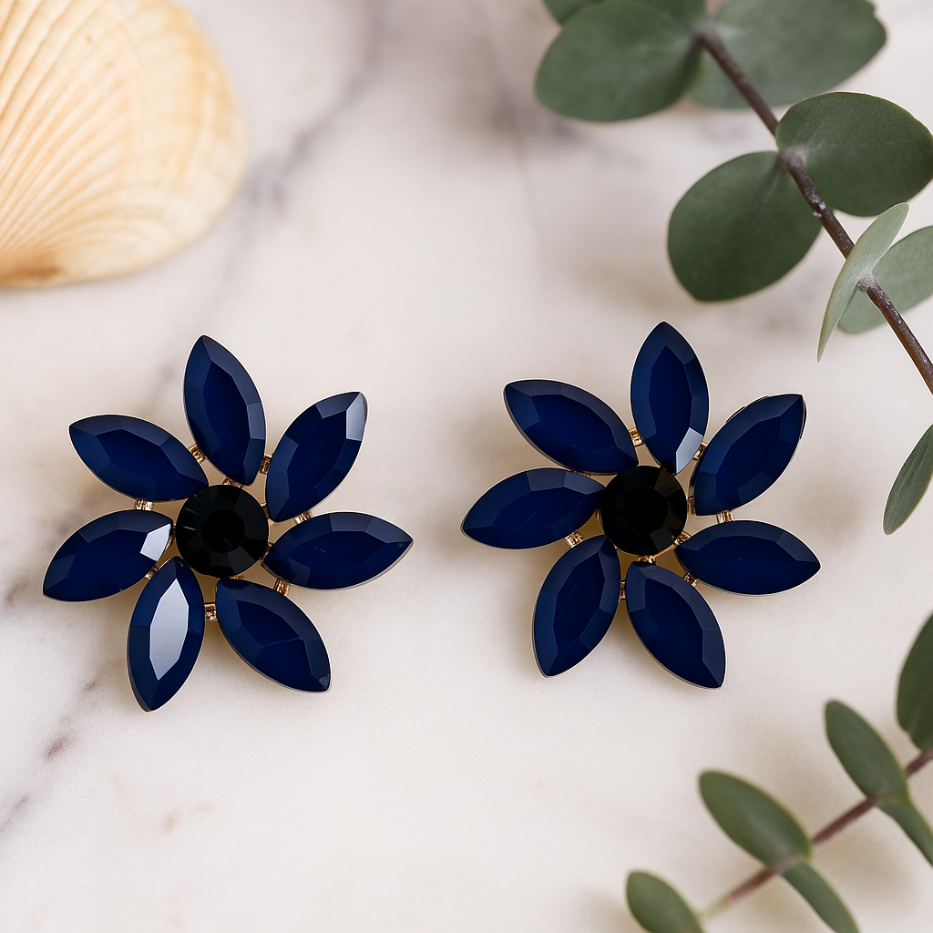 Vintage Royal Blue Glass Flower Stud Earrings